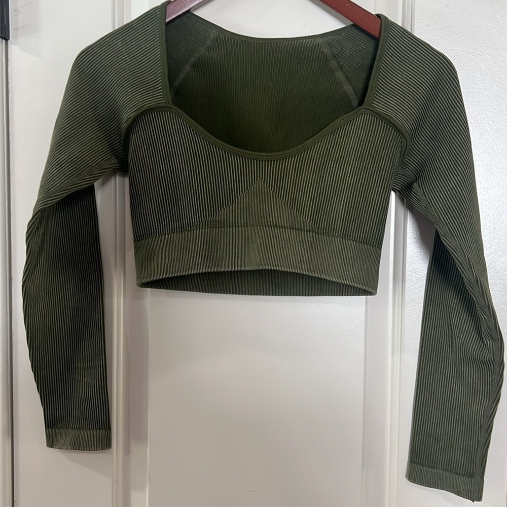 Olive Green Ribbed Women's Top - Picture 4 of 5